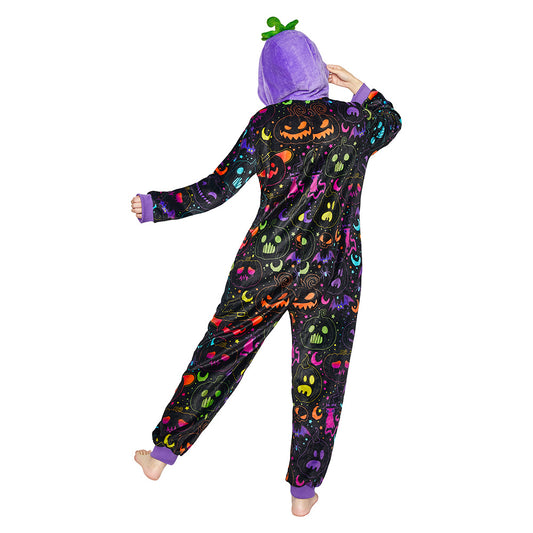 OLAOLA Purple Pumpkin Printed Pajamas Plush Animals Onesie Adult Soft Sleepwear Halloween Carnival Suit