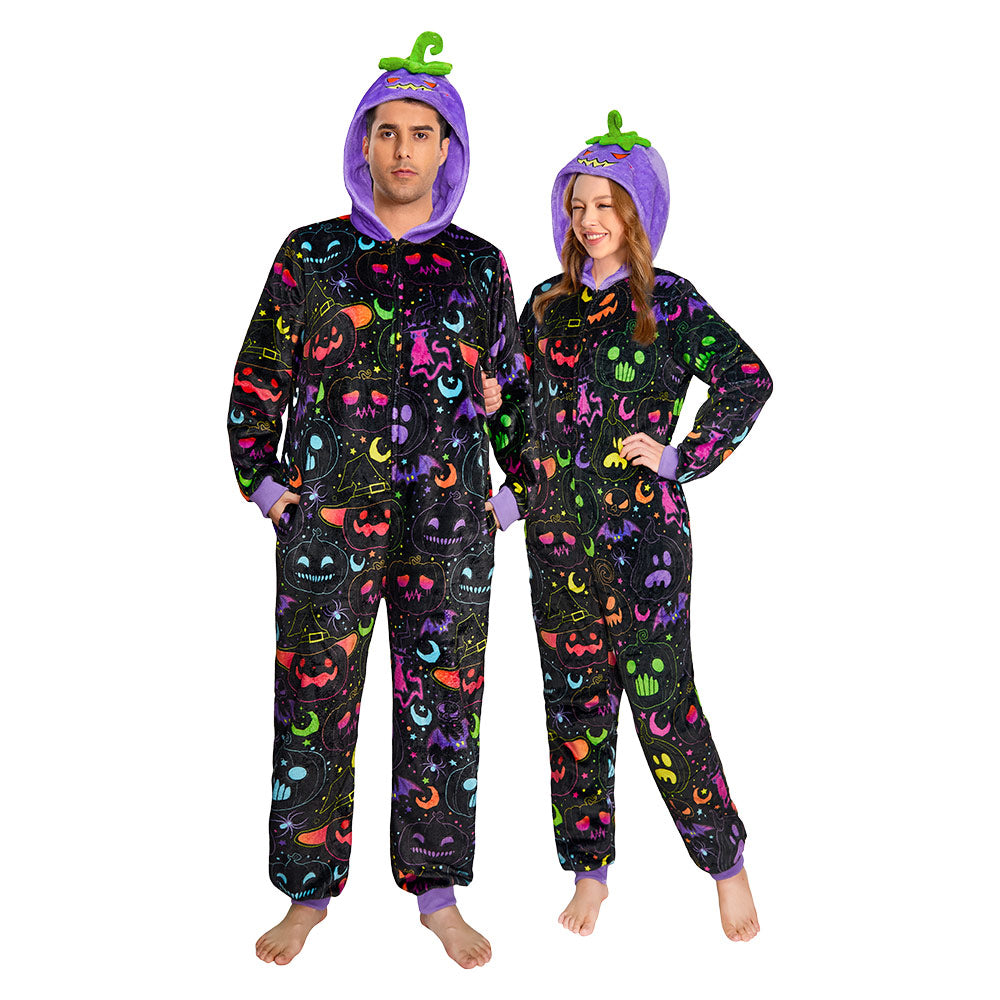 OLAOLA Purple Pumpkin Printed Pajamas Plush Animals Onesie Adult Soft Sleepwear Halloween Carnival Suit