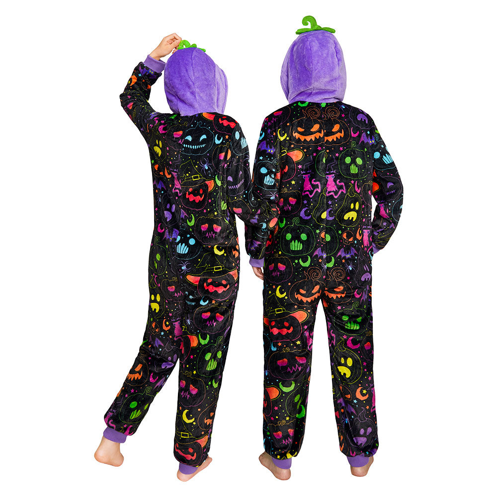 OLAOLA Purple Pumpkin Printed Pajamas Plush Animals Onesie Adult Soft Sleepwear Halloween Carnival Suit
