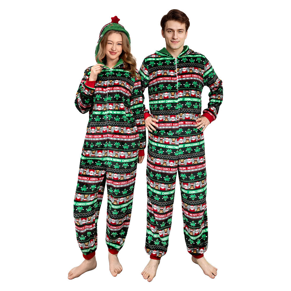 OLAOLA Unisex Adult Printed Green Christmas Tree Plush Onesie Pajamas Warm Home Sleepwear