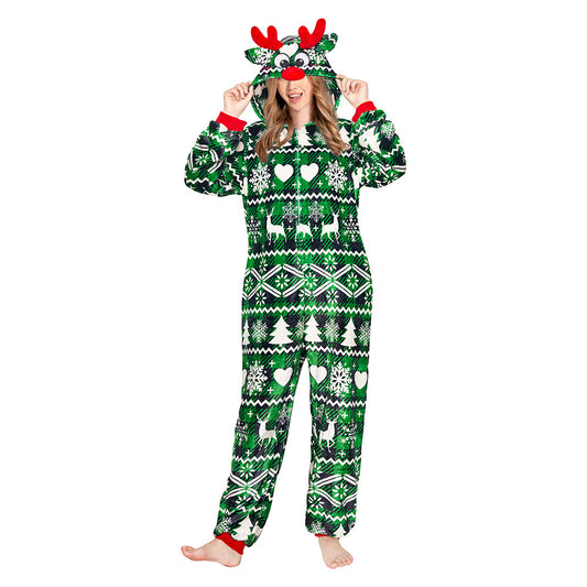 OLAOLA Green Printed Checkered Elk Pajamas Soft Plush Animals Onesie Sleepwear Christmas Party Suit