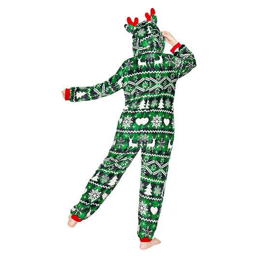 OLAOLA Green Printed Checkered Elk Pajamas Soft Plush Animals Onesie Sleepwear Christmas Party Suit