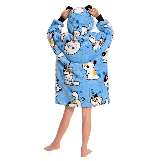 Kids OLAOLA Blue Cat Kawaii Kitty Wearable Blanket Hoodie Food Onesie Oversized Soft Homewear With Giant Pocket