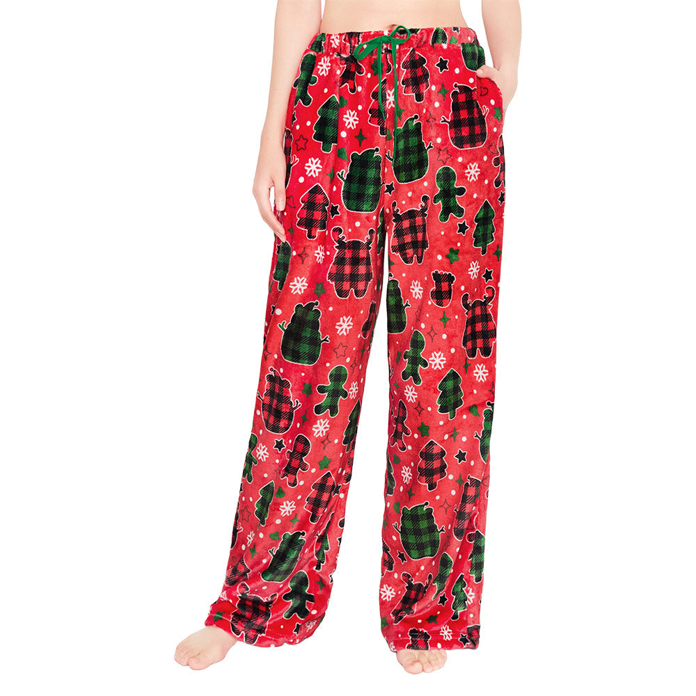 OLAOLA Gingerbread Man Christmas Red Printed Fuzzy Plush Pajama Pants Sleeping Bottoms Pants Animals Onesie