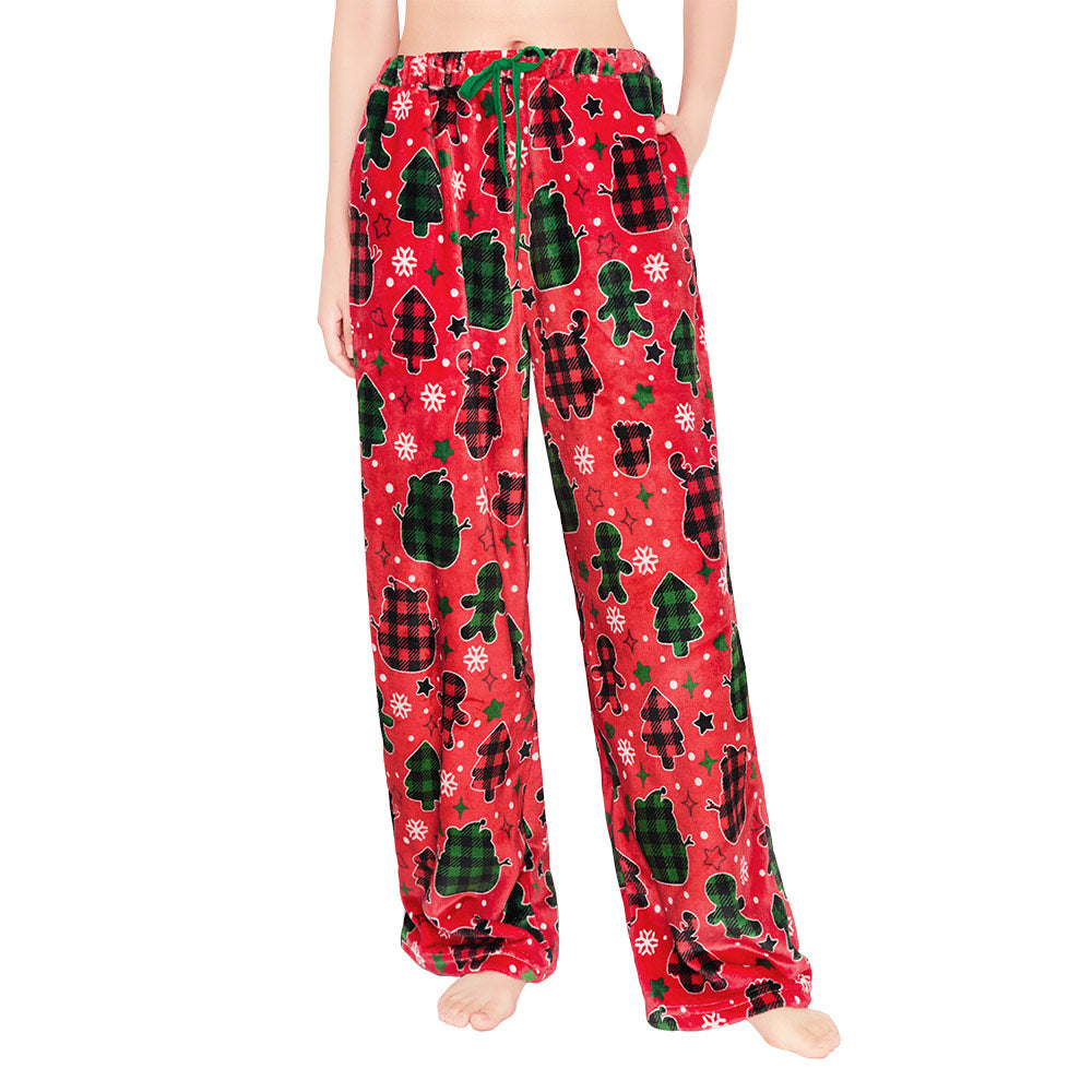 OLAOLA Gingerbread Man Christmas Red Printed Fuzzy Plush Pajama Pants Sleeping Bottoms Pants Animals Onesie