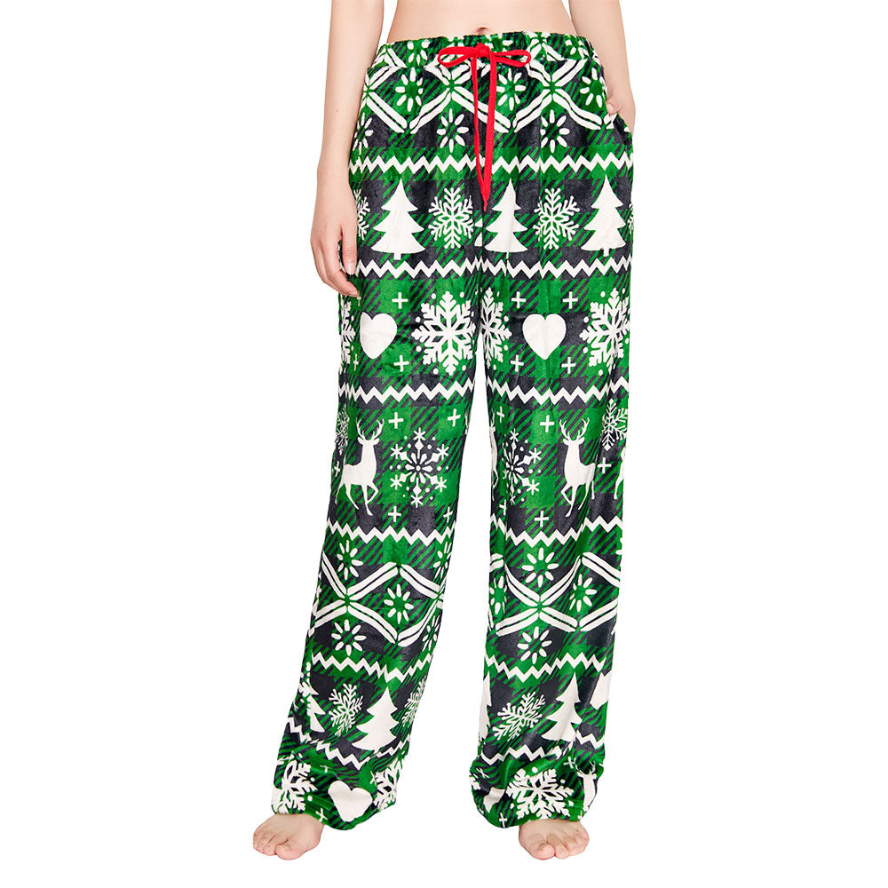 OLAOLA Green Snow Printed Checkered Fuzzy Plush Pajama Pants Drawstring Elastic Waist Wide Leg Pj Bottoms Lounge Pants Christmas Animals Onesie