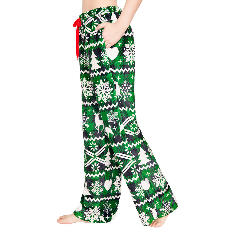 OLAOLA Green Snow Printed Checkered Fuzzy Plush Pajama Pants Drawstring Elastic Waist Wide Leg Pj Bottoms Lounge Pants Christmas Animals Onesie