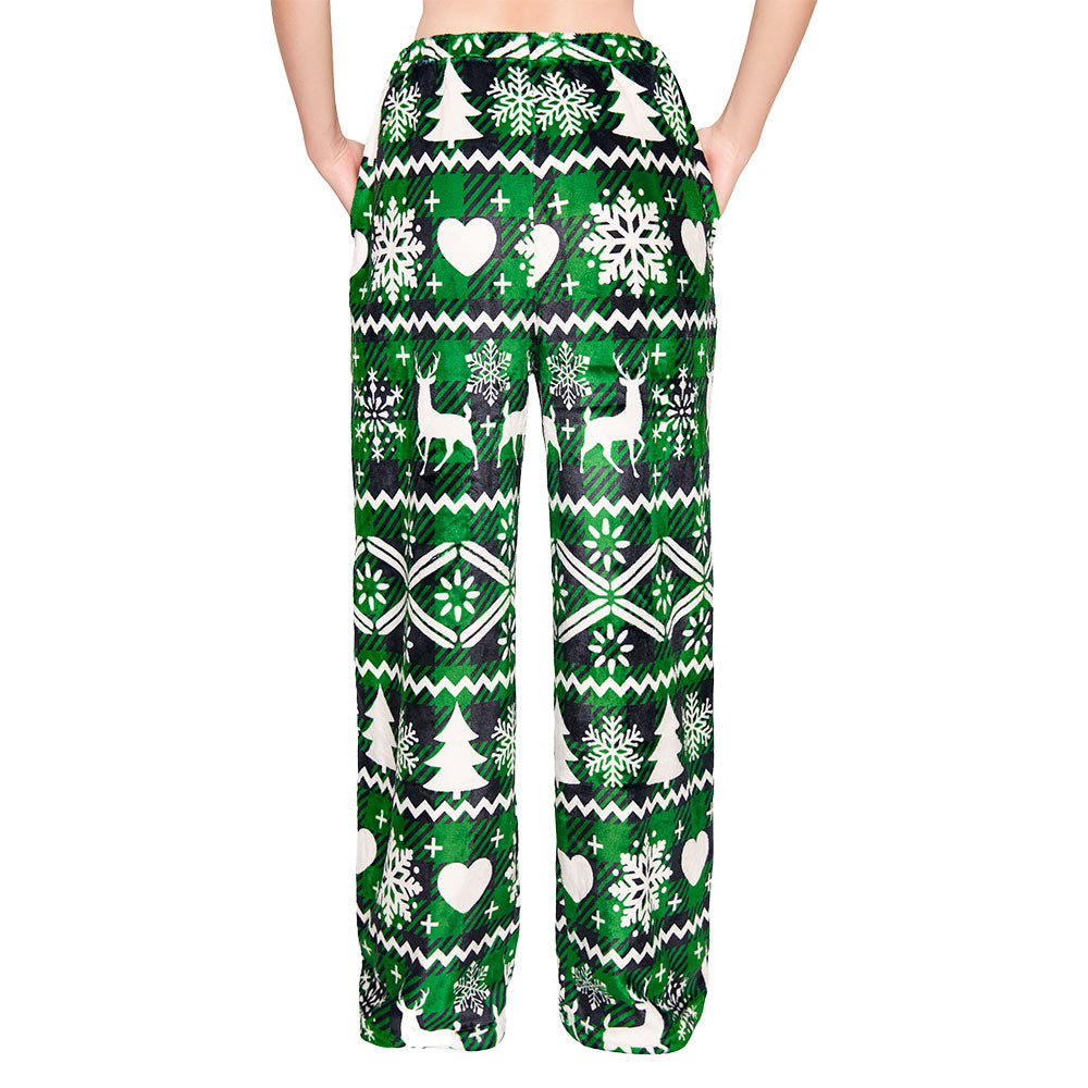 OLAOLA Green Snow Printed Checkered Fuzzy Plush Pajama Pants Drawstring Elastic Waist Wide Leg Pj Bottoms Lounge Pants Christmas Animals Onesie