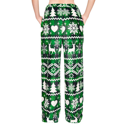 OLAOLA Green Snow Printed Checkered Fuzzy Plush Pajama Pants Drawstring Elastic Waist Wide Leg Pj Bottoms Lounge Pants Christmas Animals Onesie