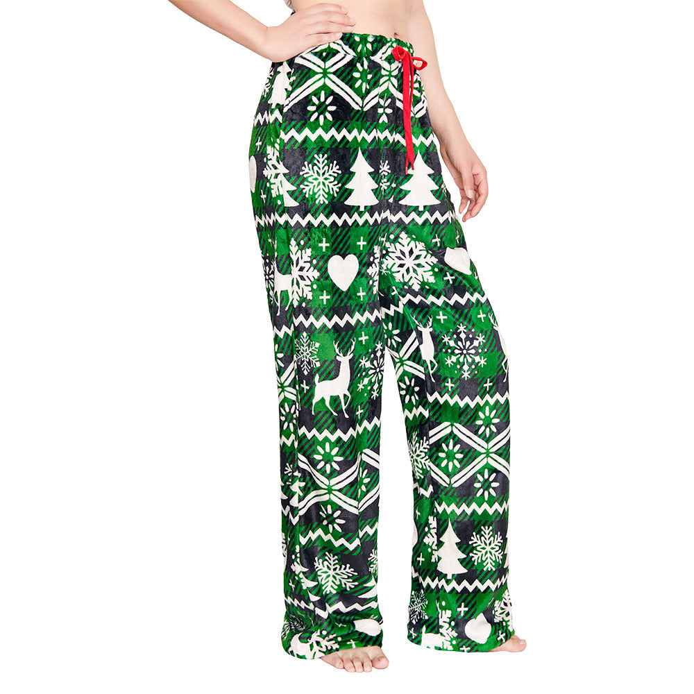 OLAOLA Green Snow Printed Checkered Fuzzy Plush Pajama Pants Drawstring Elastic Waist Wide Leg Pj Bottoms Lounge Pants Christmas Animals Onesie