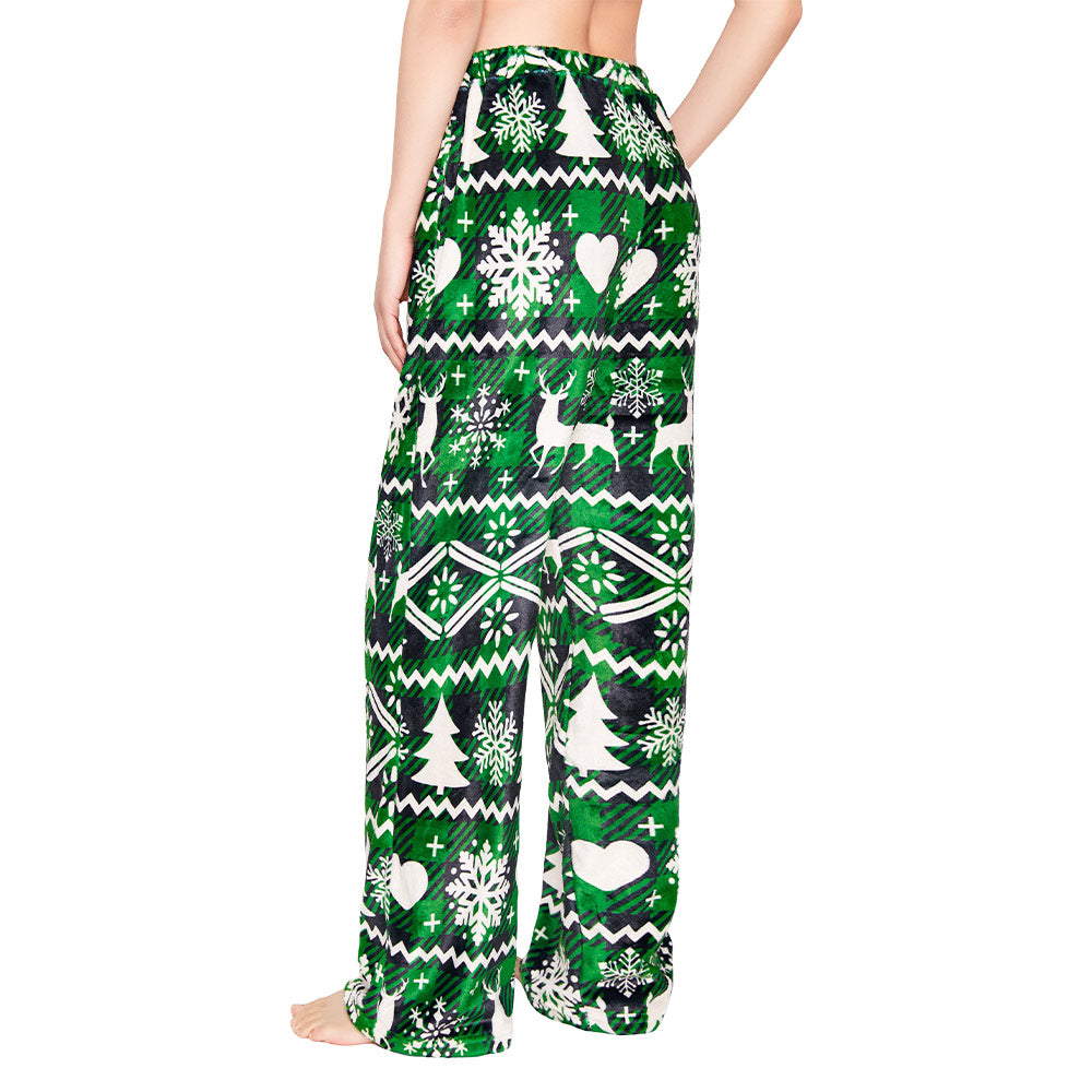 OLAOLA Green Snow Printed Checkered Fuzzy Plush Pajama Pants Drawstring Elastic Waist Wide Leg Pj Bottoms Lounge Pants Christmas Animals Onesie