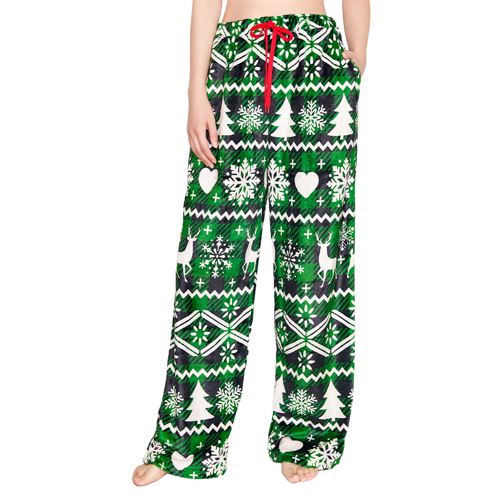 OLAOLA Green Snow Printed Checkered Fuzzy Plush Pajama Pants Drawstring Elastic Waist Wide Leg Pj Bottoms Lounge Pants Christmas Animals Onesie