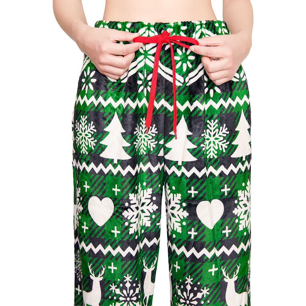 OLAOLA Green Snow Printed Checkered Fuzzy Plush Pajama Pants Drawstring Elastic Waist Wide Leg Pj Bottoms Lounge Pants Christmas Animals Onesie