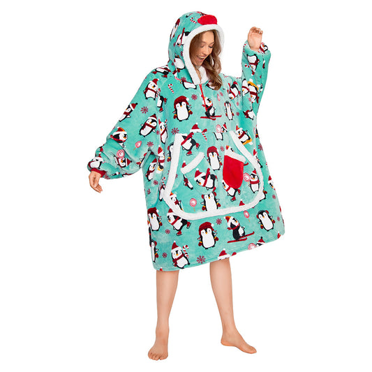OLAOLA Penguin Blue Wearable Blanket Hoodie Animals Onesie Oversized Soft Homwear With Giant Pocket For Adult