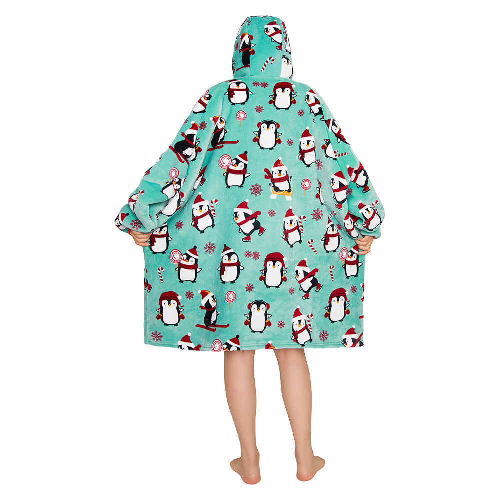 OLAOLA Penguin Blue Wearable Blanket Hoodie Animals Onesie Oversized Soft Homwear With Giant Pocket For Adult