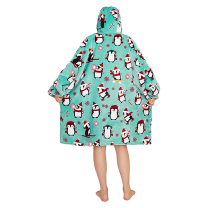 OLAOLA Penguin Blue Wearable Blanket Hoodie Animals Onesie Oversized Soft Homwear With Giant Pocket For Adult