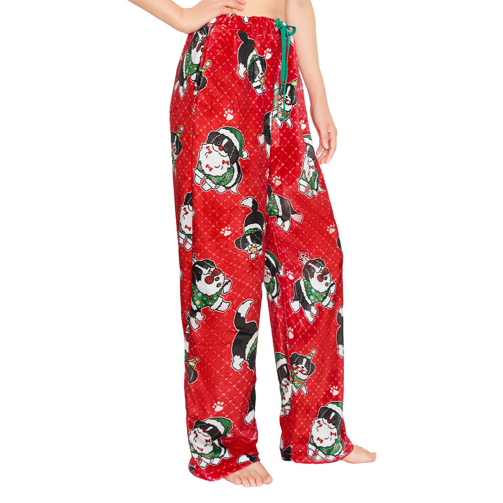 OLAOLA Christmas Dog Printed Fuzzy Plush Pajama Pants Drawstring Elastic Waist Wide Leg Pj Bottoms Lounge Pants Animals Onesie