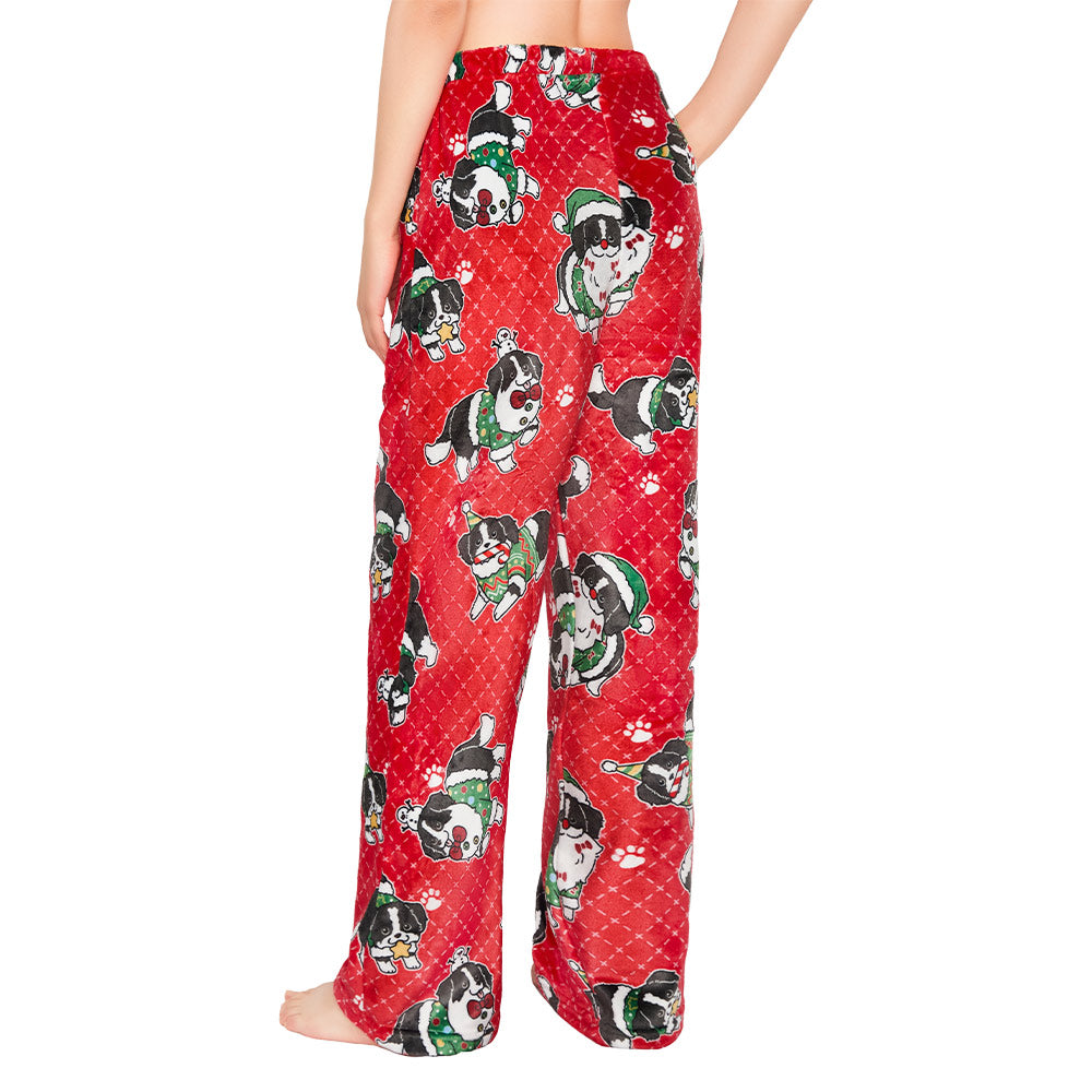 OLAOLA Christmas Dog Printed Fuzzy Plush Pajama Pants Drawstring Elastic Waist Wide Leg Pj Bottoms Lounge Pants Animals Onesie