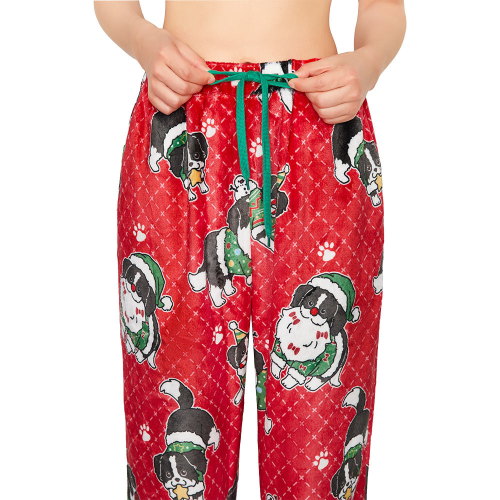 OLAOLA Christmas Dog Printed Fuzzy Plush Pajama Pants Drawstring Elastic Waist Wide Leg Pj Bottoms Lounge Pants Animals Onesie