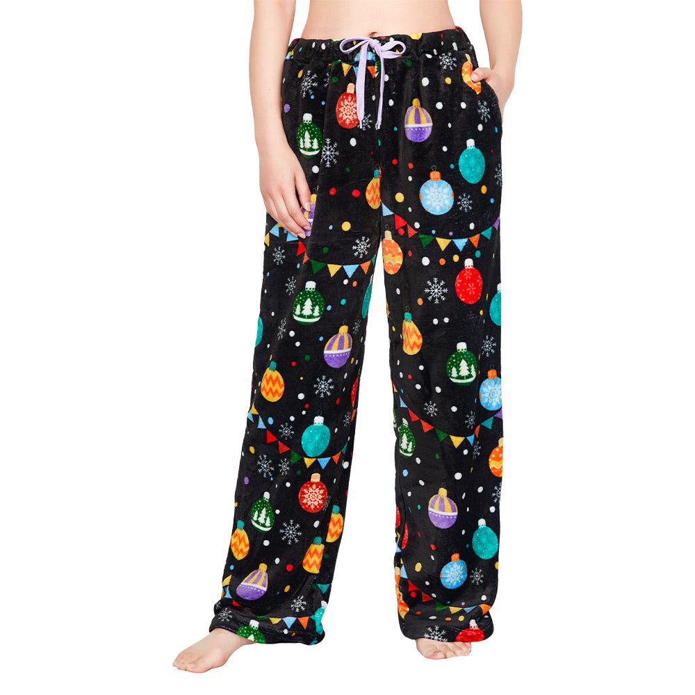 OLAOLA Colored Lights Christmas Printed Fuzzy Plush Pajama Pants Drawstring Elastic Waist Wide Leg Pj Bottoms Lounge Pants Onesie