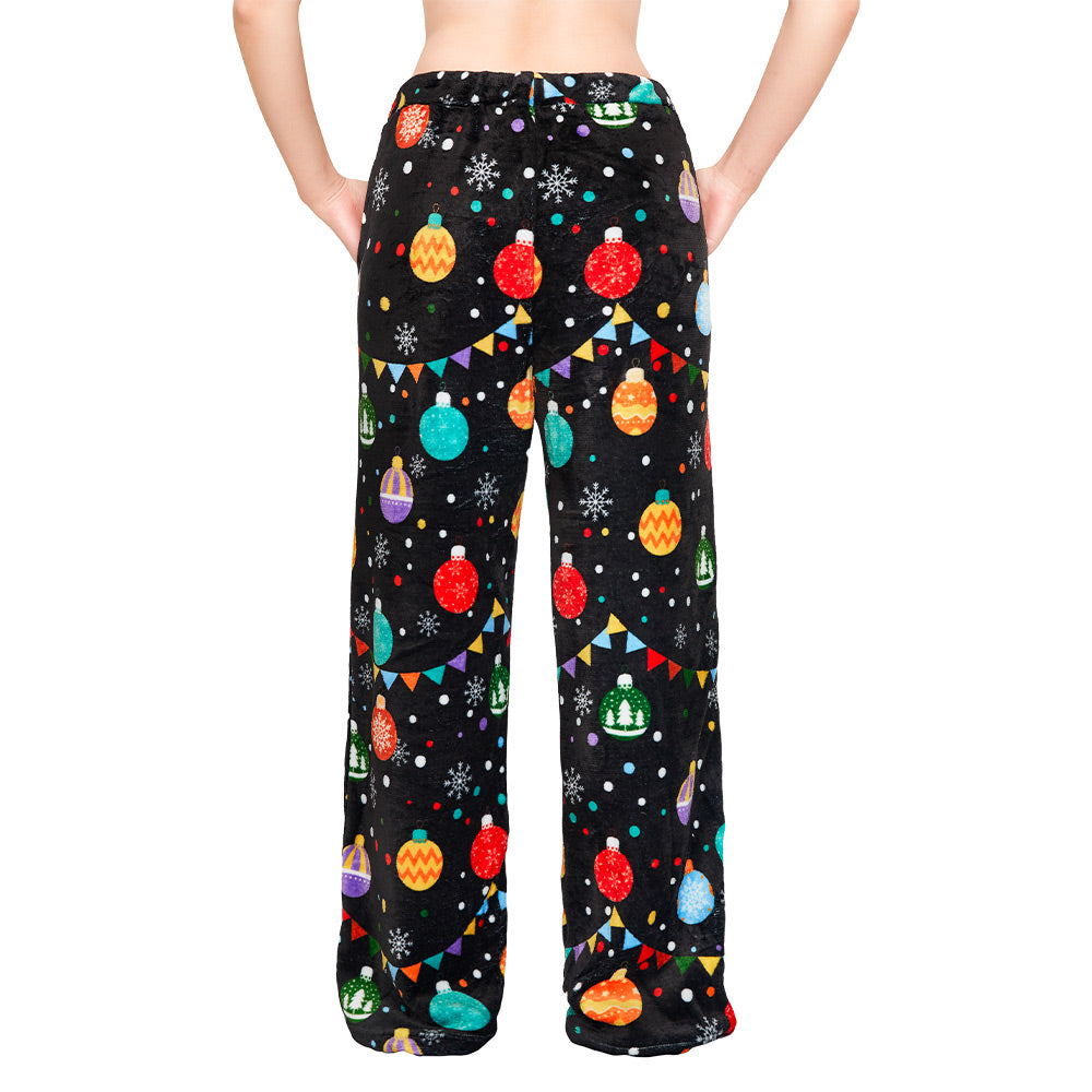 OLAOLA Colored Lights Christmas Printed Fuzzy Plush Pajama Pants Drawstring Elastic Waist Wide Leg Pj Bottoms Lounge Pants Onesie