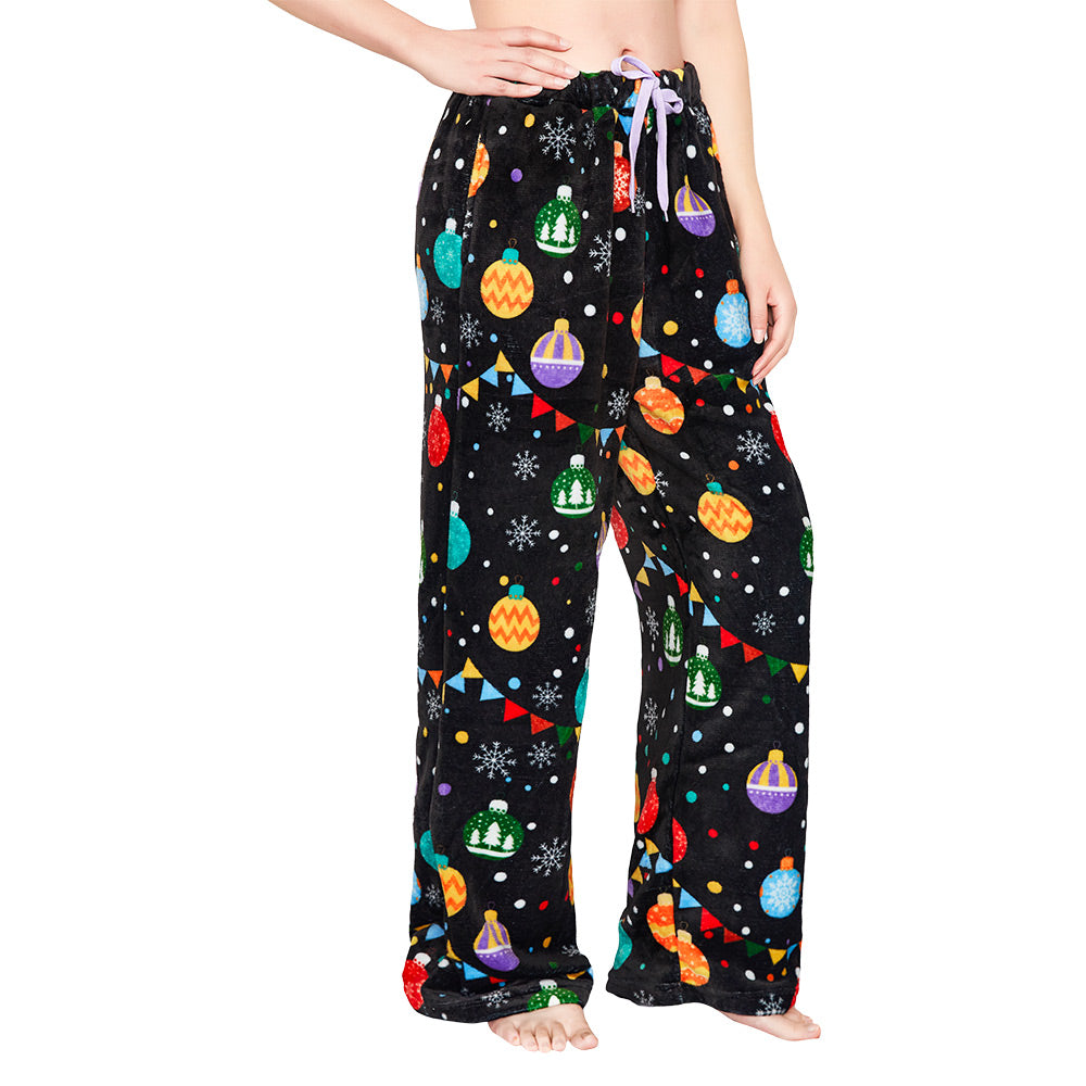 OLAOLA Colored Lights Christmas Printed Fuzzy Plush Pajama Pants Drawstring Elastic Waist Wide Leg Pj Bottoms Lounge Pants Onesie