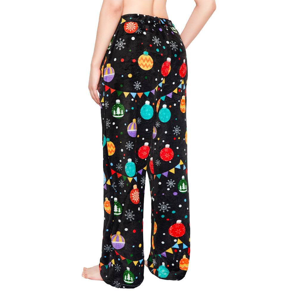 OLAOLA Colored Lights Christmas Printed Fuzzy Plush Pajama Pants Drawstring Elastic Waist Wide Leg Pj Bottoms Lounge Pants Onesie