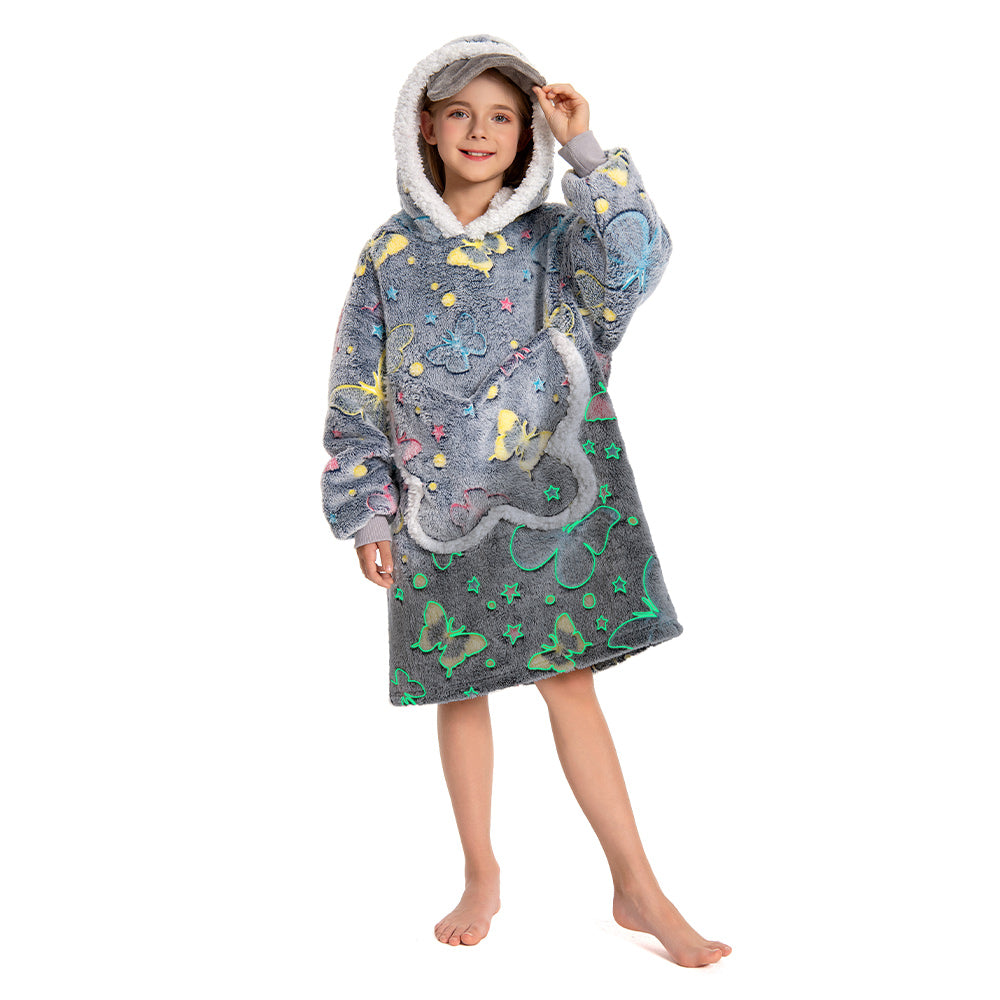 Kids OLAOLA Butterfly Glow In The Dark Wearable Blanket Hoodie Animal Onesie Oversized Soft Homewear With Giant Pocket