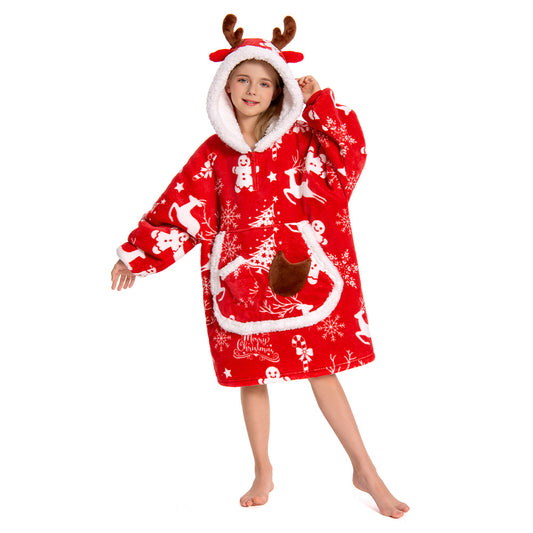 Kids OLAOLA Red Reindeer Wearable Blanket Hoodie Elk Animals Christmas Onesie Oversized Soft Homewear With Giant Pocket