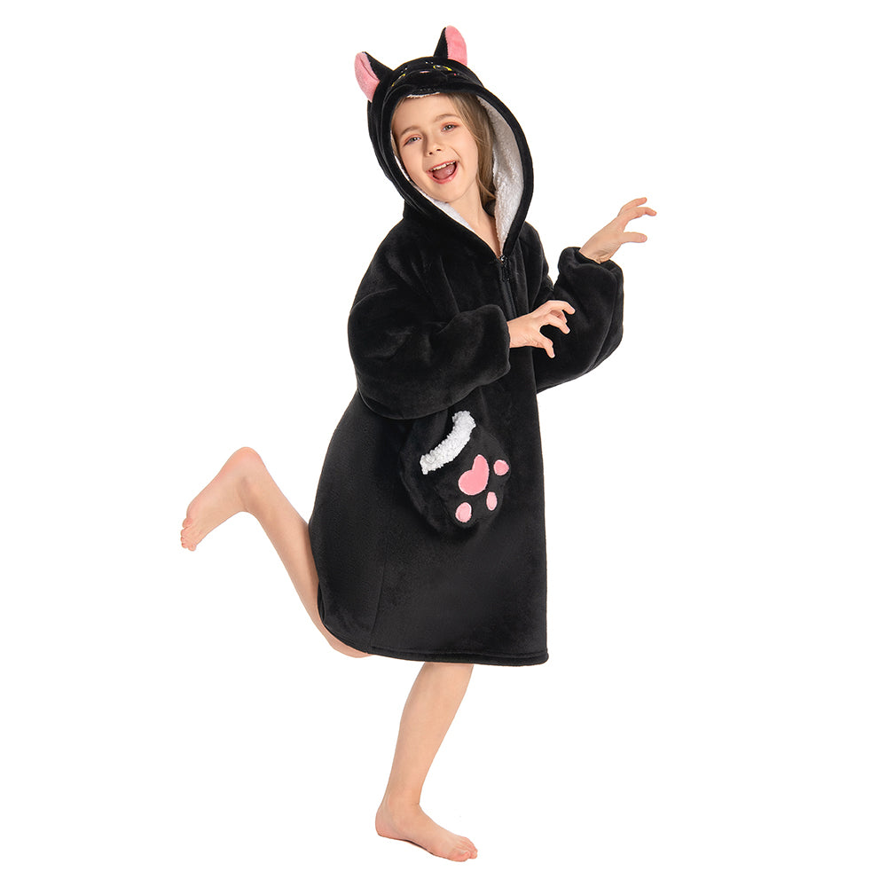 Kids OLAOLA Black Cat Wearable Blanket Hoodie Animals Onesie Oversized Soft Homewear With Giant Pocket