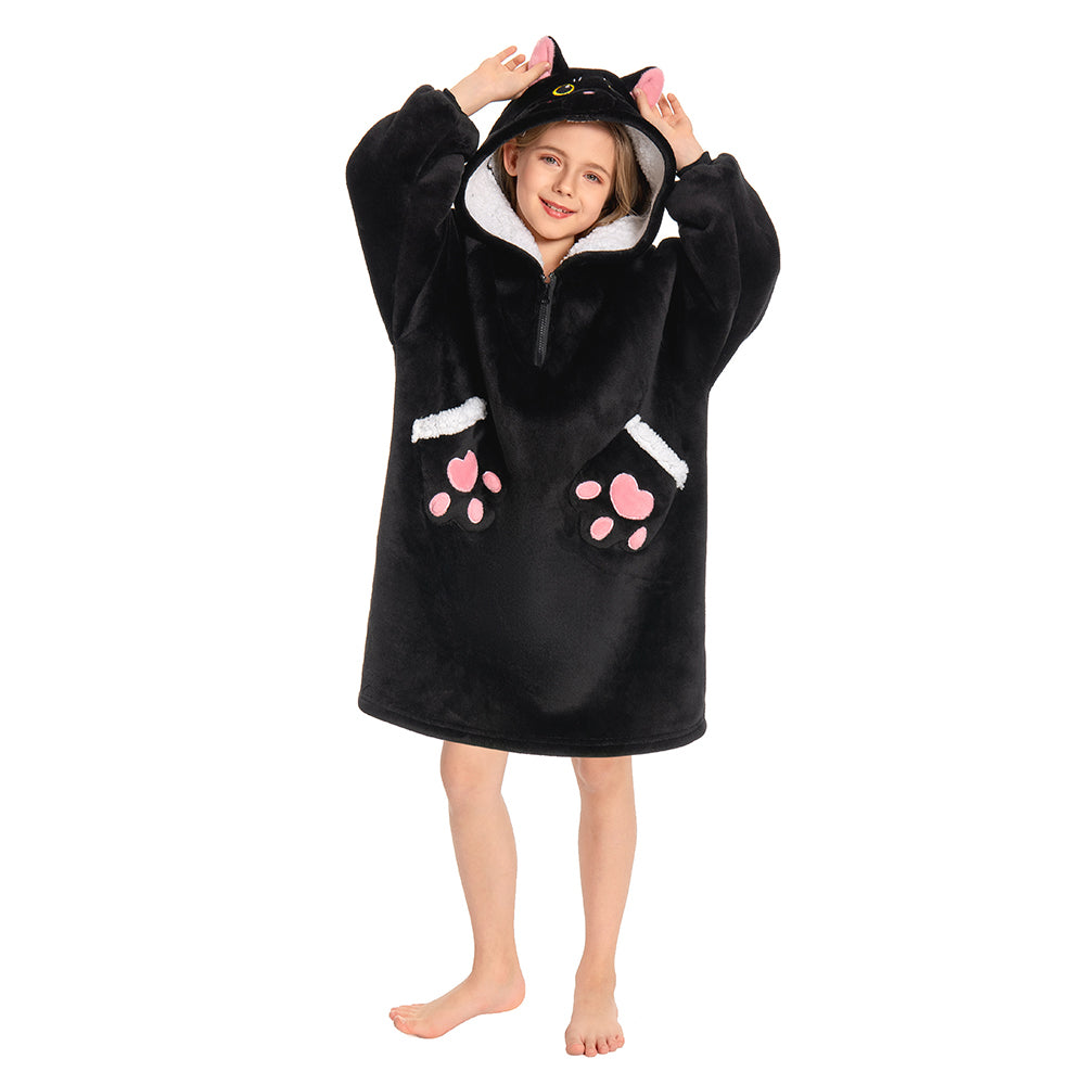 Kids OLAOLA Black Cat Wearable Blanket Hoodie Animals Onesie Oversized Soft Homewear With Giant Pocket