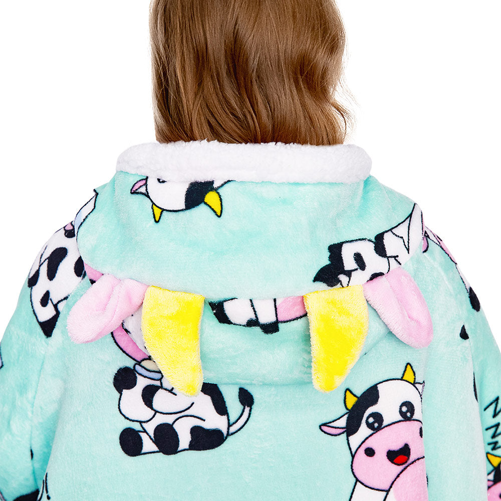 OLAOLA Blue Cow Wearable Blanket Kawaii Cattle Hoodie Animals Onesie Oversized Soft Homwear With Giant Pocket For Adult