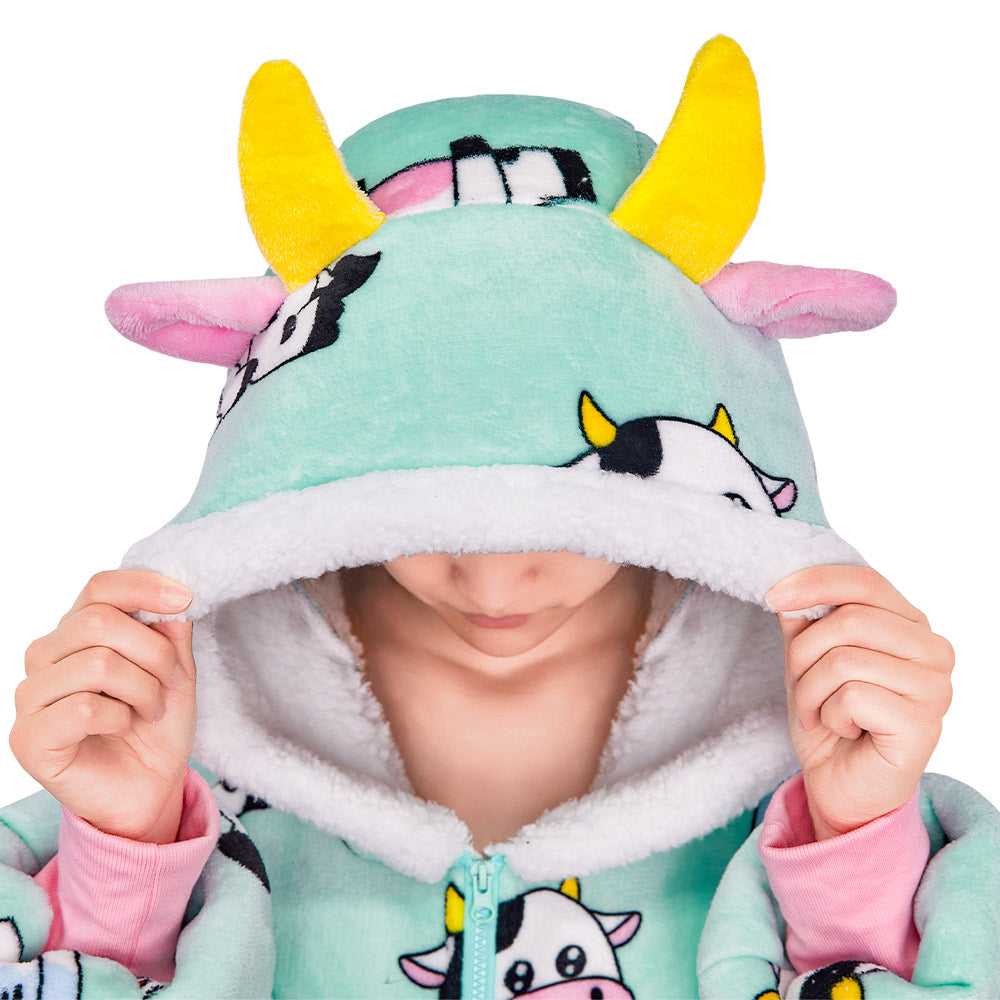 OLAOLA Blue Cow Wearable Blanket Kawaii Cattle Hoodie Animals Onesie Oversized Soft Homwear With Giant Pocket For Adult