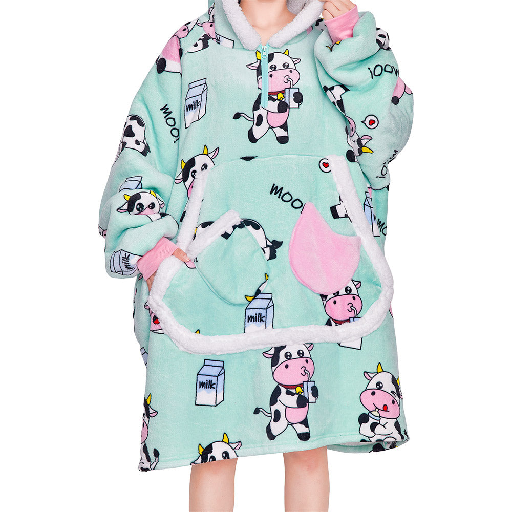 OLAOLA Blue Cow Wearable Blanket Kawaii Cattle Hoodie Animals Onesie Oversized Soft Homwear With Giant Pocket For Adult
