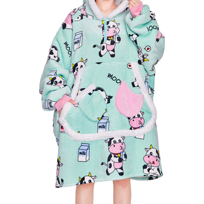 OLAOLA Blue Cow Wearable Blanket Kawaii Cattle Hoodie Animals Onesie Oversized Soft Homwear With Giant Pocket For Adult