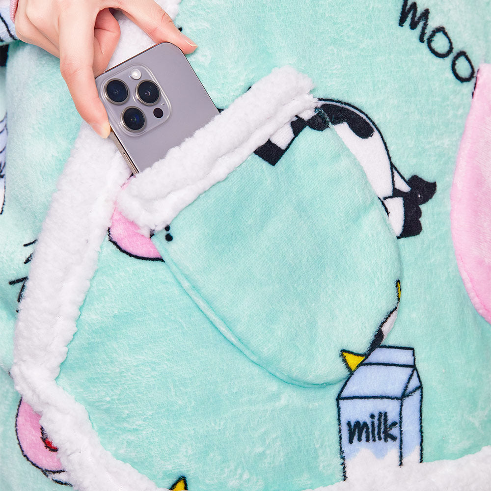 OLAOLA Blue Cow Wearable Blanket Kawaii Cattle Hoodie Animals Onesie Oversized Soft Homwear With Giant Pocket For Adult