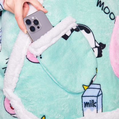 OLAOLA Blue Cow Wearable Blanket Kawaii Cattle Hoodie Animals Onesie Oversized Soft Homwear With Giant Pocket For Adult