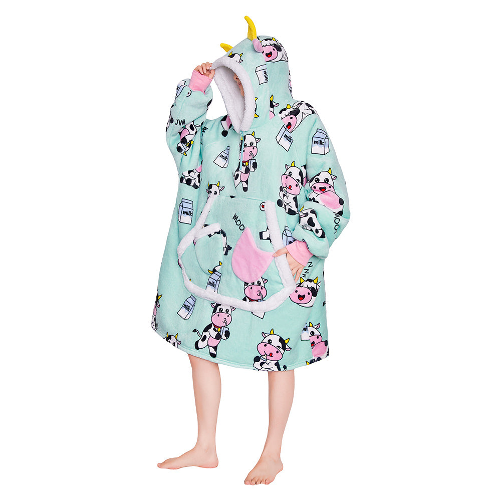 OLAOLA Blue Cow Wearable Blanket Kawaii Cattle Hoodie Animals Onesie Oversized Soft Homwear With Giant Pocket For Adult
