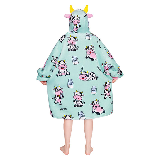OLAOLA Blue Cow Wearable Blanket Kawaii Cattle Hoodie Animals Onesie Oversized Soft Homwear With Giant Pocket For Adult