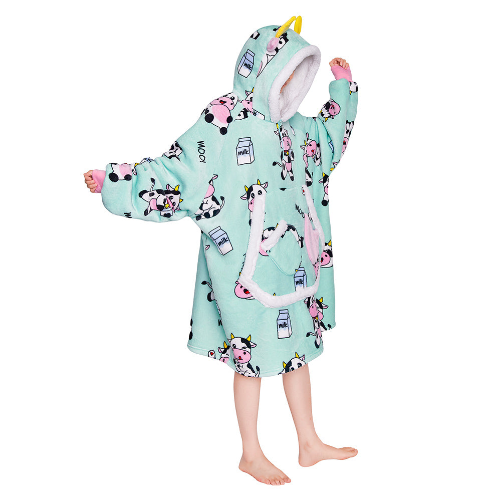 OLAOLA Blue Cow Wearable Blanket Kawaii Cattle Hoodie Animals Onesie Oversized Soft Homwear With Giant Pocket For Adult
