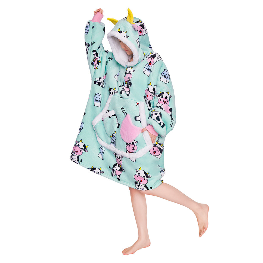 OLAOLA Blue Cow Wearable Blanket Kawaii Cattle Hoodie Animals Onesie Oversized Soft Homwear With Giant Pocket For Adult