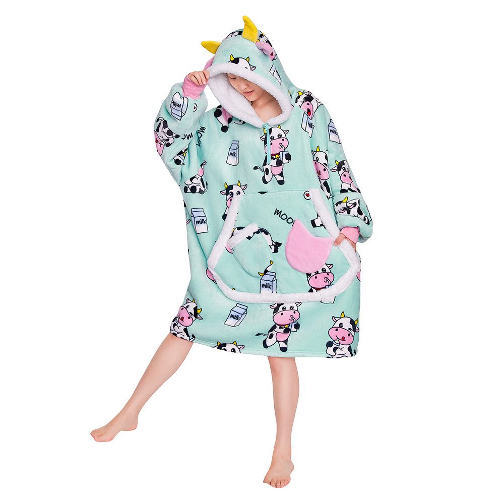 OLAOLA Blue Cow Wearable Blanket Kawaii Cattle Hoodie Animals Onesie Oversized Soft Homwear With Giant Pocket For Adult