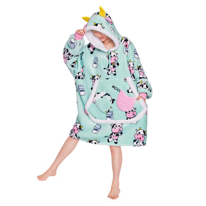 OLAOLA Blue Cow Wearable Blanket Kawaii Cattle Hoodie Animals Onesie Oversized Soft Homwear With Giant Pocket For Adult