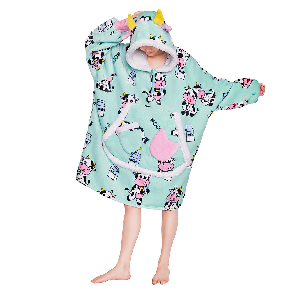 OLAOLA Blue Cow Wearable Blanket Kawaii Cattle Hoodie Animals Onesie Oversized Soft Homwear With Giant Pocket For Adult