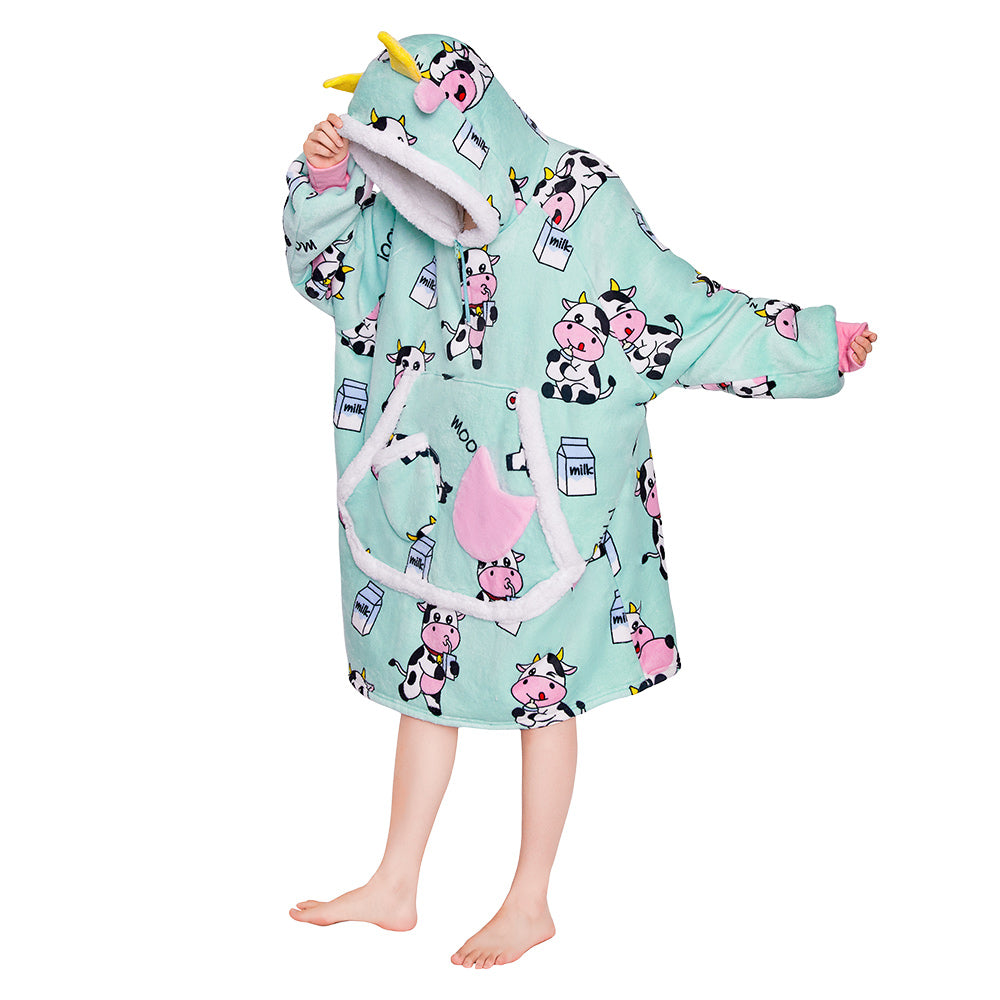 OLAOLA Blue Cow Wearable Blanket Kawaii Cattle Hoodie Animals Onesie Oversized Soft Homwear With Giant Pocket For Adult