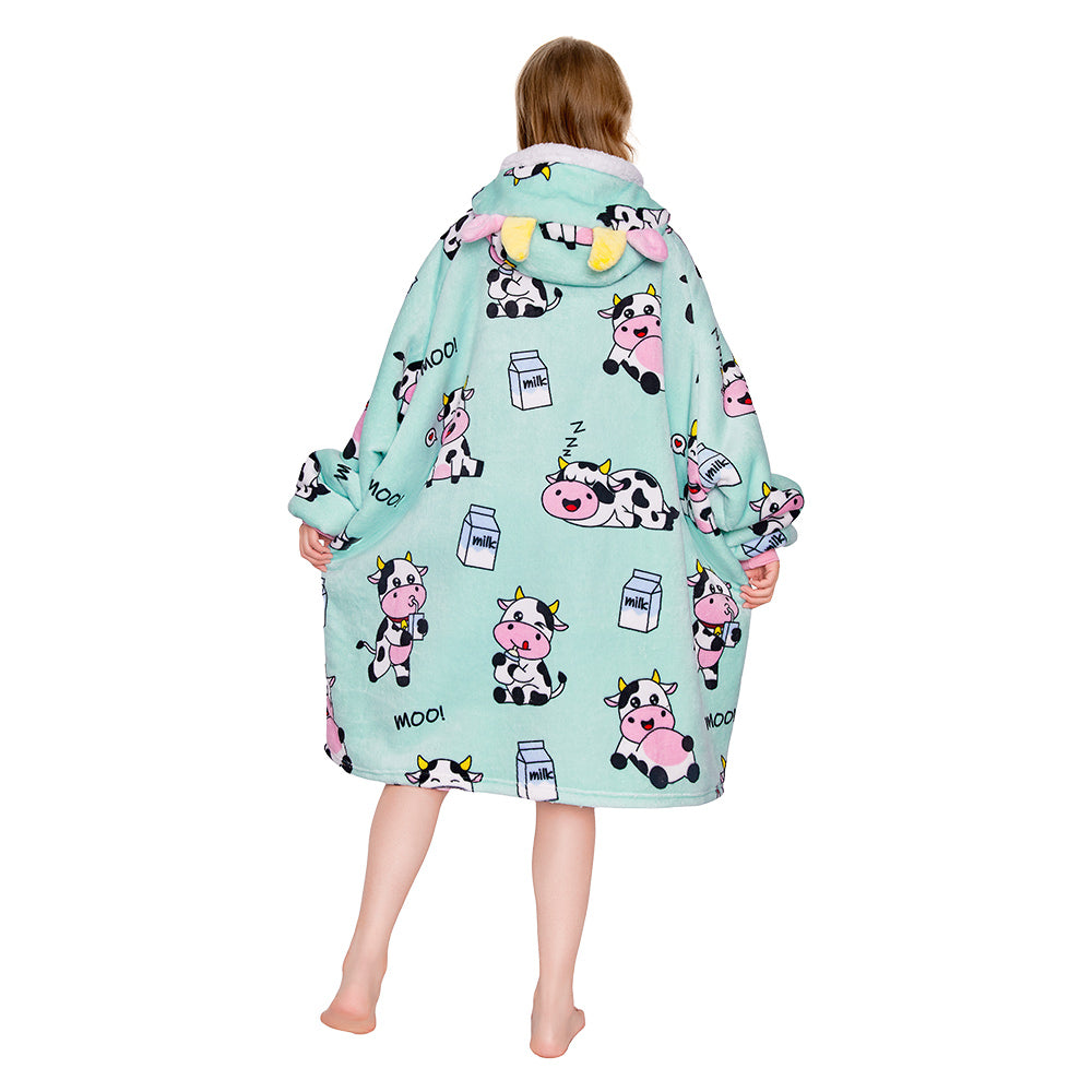 OLAOLA Blue Cow Wearable Blanket Kawaii Cattle Hoodie Animals Onesie Oversized Soft Homwear With Giant Pocket For Adult