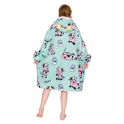 OLAOLA Blue Cow Wearable Blanket Kawaii Cattle Hoodie Animals Onesie Oversized Soft Homwear With Giant Pocket For Adult