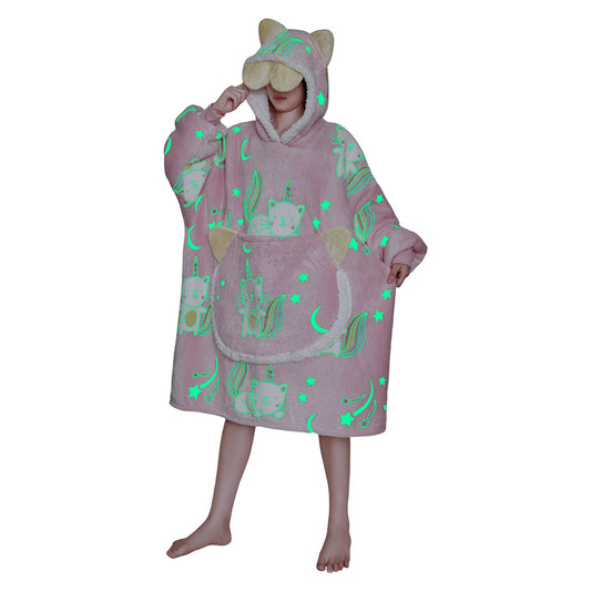 OLAOLA Printed Cat Luminous Glow In The Dark Pink Wearable Hoodie Animals Onesie Oversized Soft Homwear For Adult
