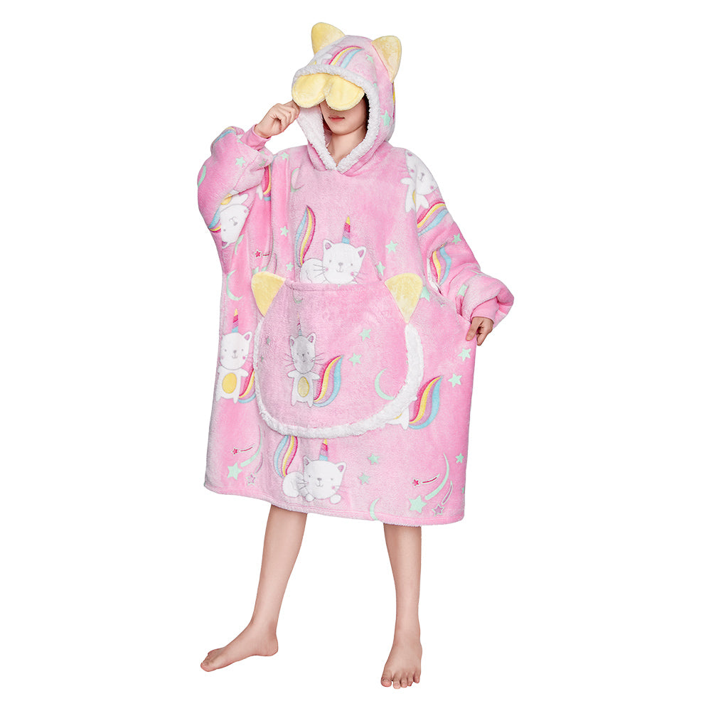 OLAOLA Printed Cat Luminous Glow In The Dark Pink Wearable Hoodie Animals Onesie Oversized Soft Homwear For Adult
