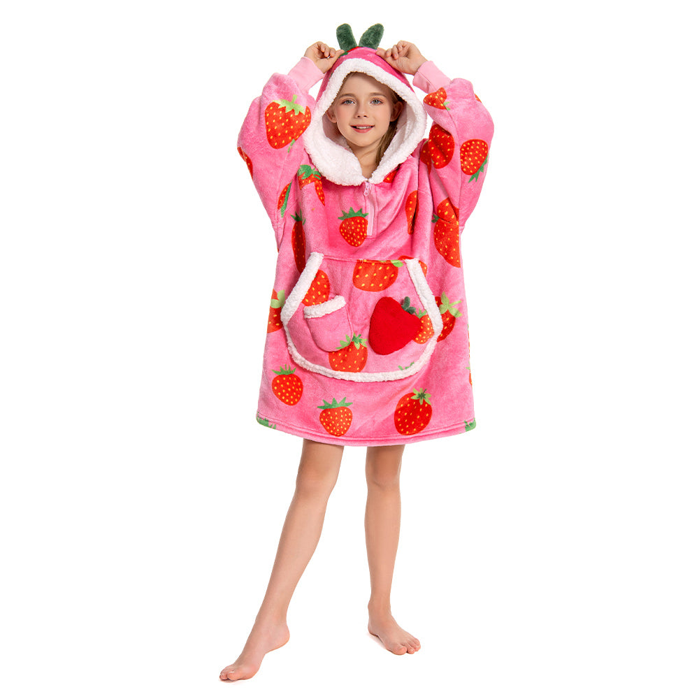 Kids OLAOLA Pink Strawberry Wearable Blanket Hoodie Food Onesie Oversized Soft Homewear With Giant Pocket